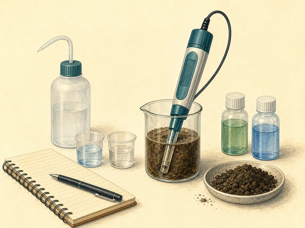 Ilustração de medidor digital de pH com sonda, soluções tampão e copo com suspensão de solo e água, sem marcas nem texto