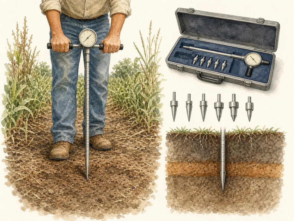 Prancha técnica de penetrómetro manual com punhos, haste graduada, mostrador analógico, cones substituíveis, estojo e medição vertical numa parcela de solo sem vegetação