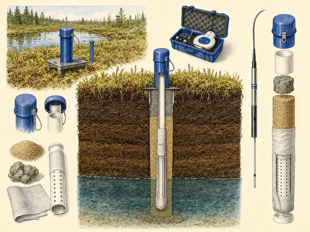 Prancha técnica de piezómetro raso com tubo perfurado filtrante, tampa, bentonite de selagem, régua de leitura e perfil da turfa