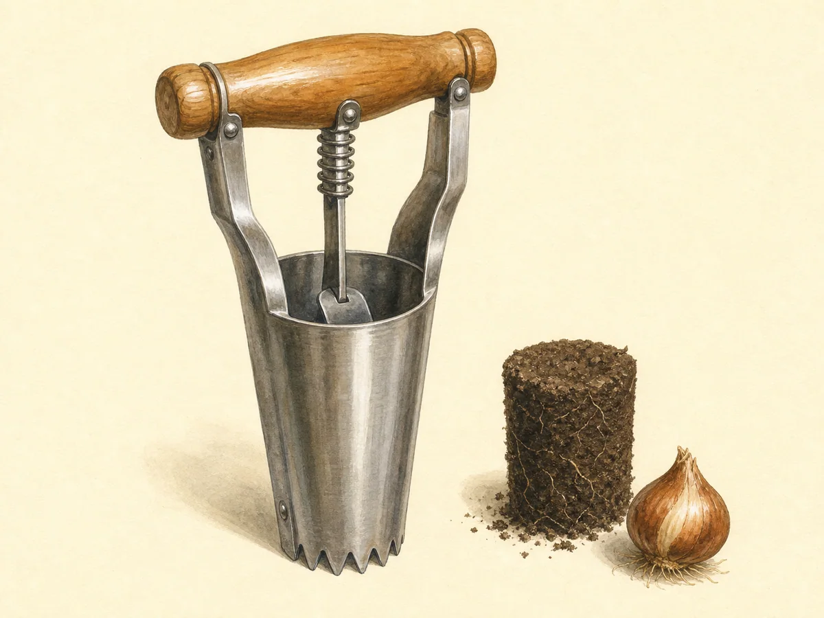 Ilustração de um plantador de bolbos com cilindro de aço serrilhado, cabo de madeira e mecanismo de libertação