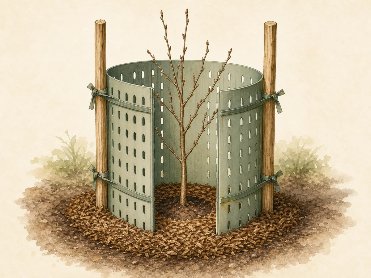 Ilustração de um protetor reutilizável ventilado à volta de uma árvore jovem, fixado por duas estacas