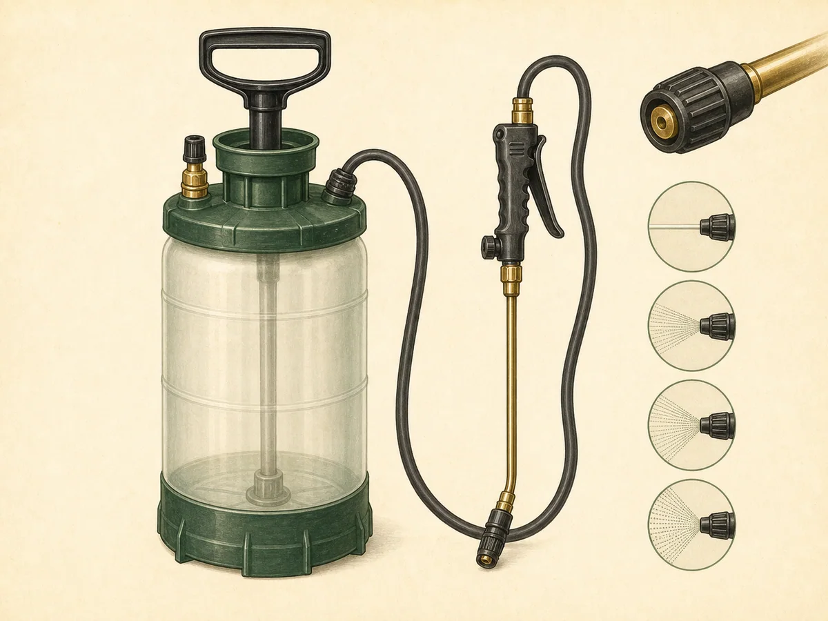 Ilustração de um pulverizador manual de pressão com depósito, bomba, mangueira, lança e bico regulável