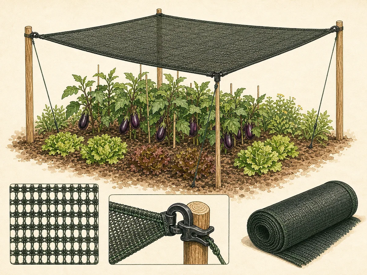 Ilustração de rede de ensombramento ventilada sobre estrutura hortícola com malha, clips, cabos, âncoras e plantas protegidas do sol alto