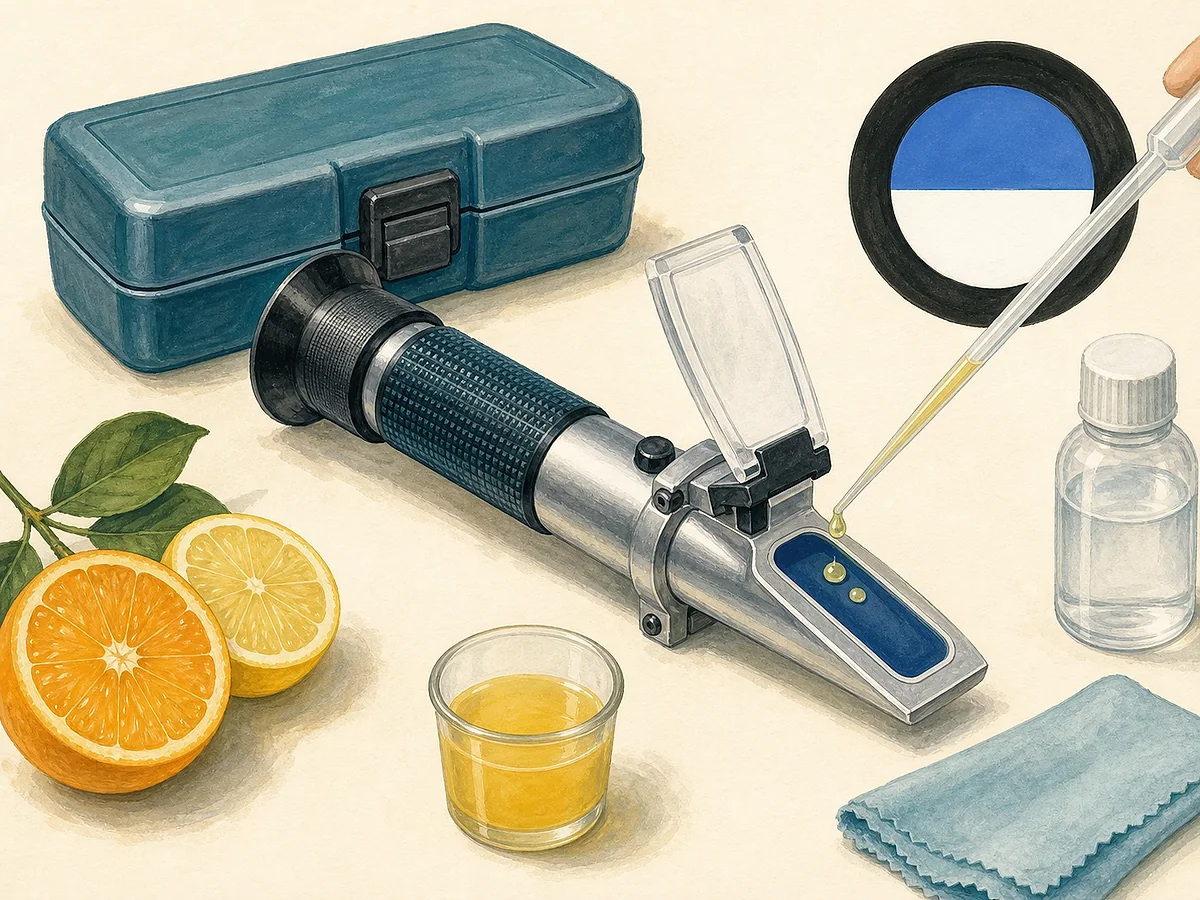 Ilustração de refratómetro ótico portátil com prisma, pipeta, água de calibração e gotas de sumo num pequeno copo