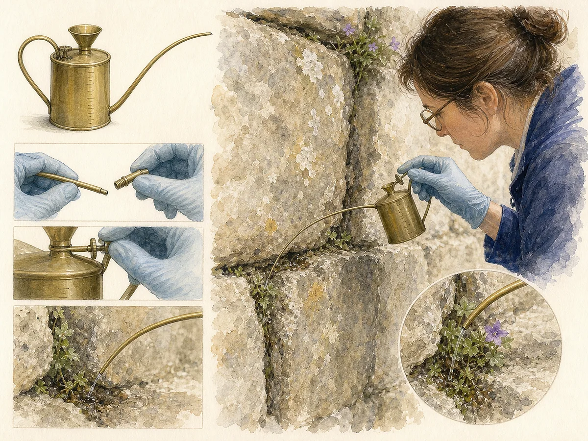 Ilustração técnica de pequeno regador graduado com bico capilar longo e curvo a aplicar um fio de água numa fenda plantada sem molhar a parede