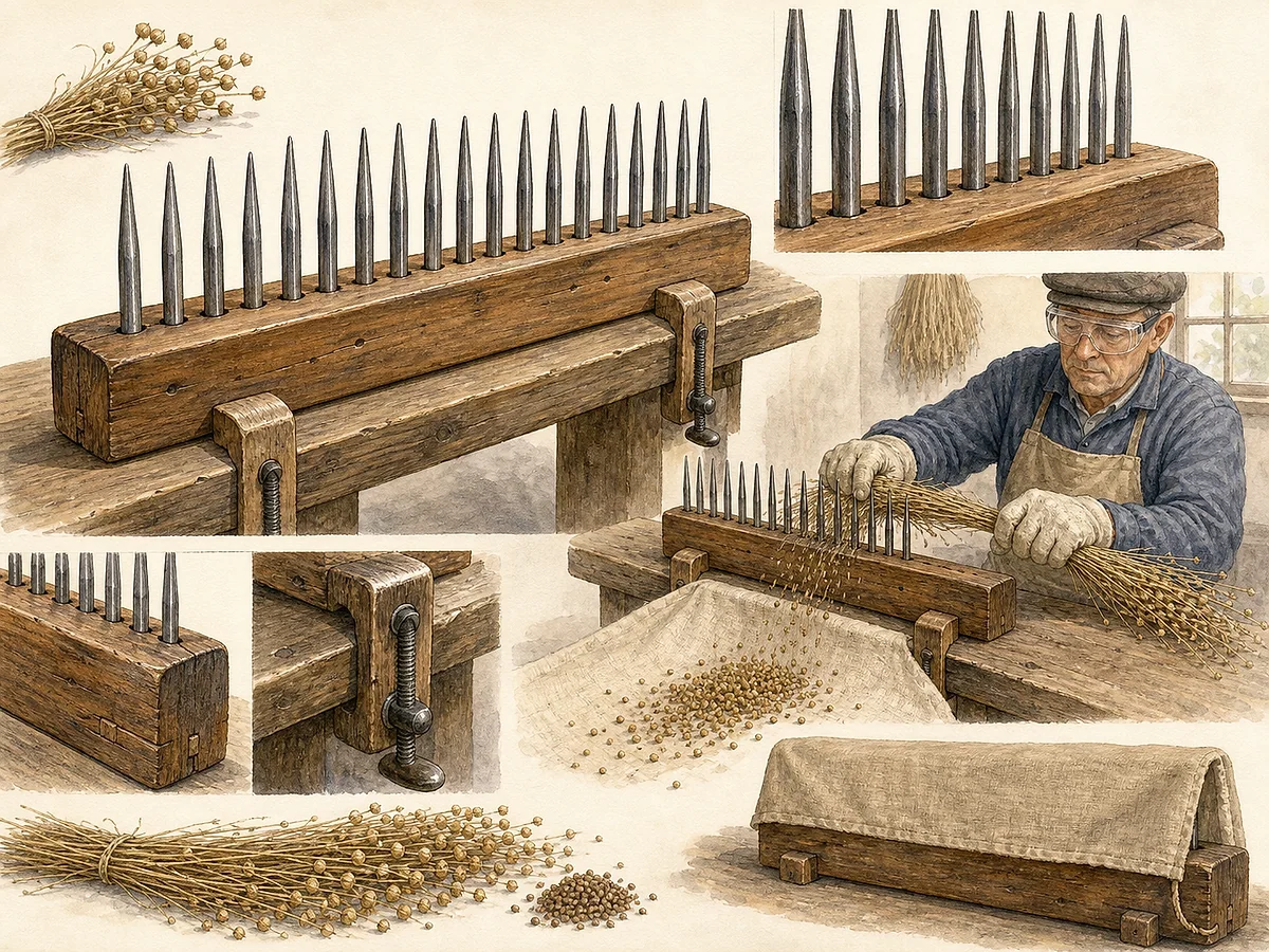 Ilustração técnica de ripadeira de linho em madeira com uma fila de dentes metálicos compridos, molhos de cápsulas e lona de recolha