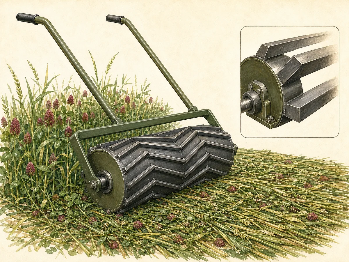Ilustração de rolo-faca agrícola manual com tambor metálico e lâminas rombas em chevron a acamar trevo e cereal sobre o solo