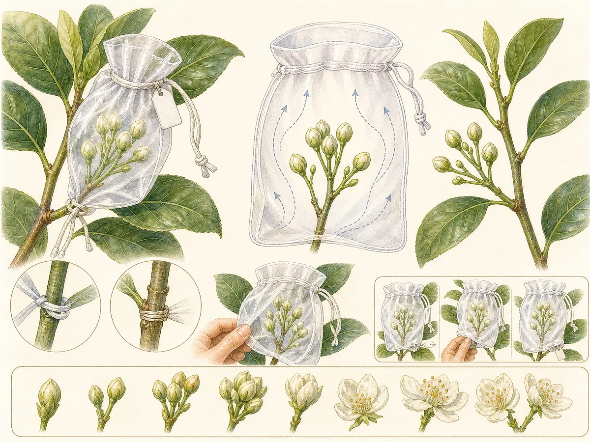 Ilustração técnica de pequeno saco de organza respirável colocado frouxamente sobre um ramo florido com etiqueta, atilho macio e espaço sem comprimir botões