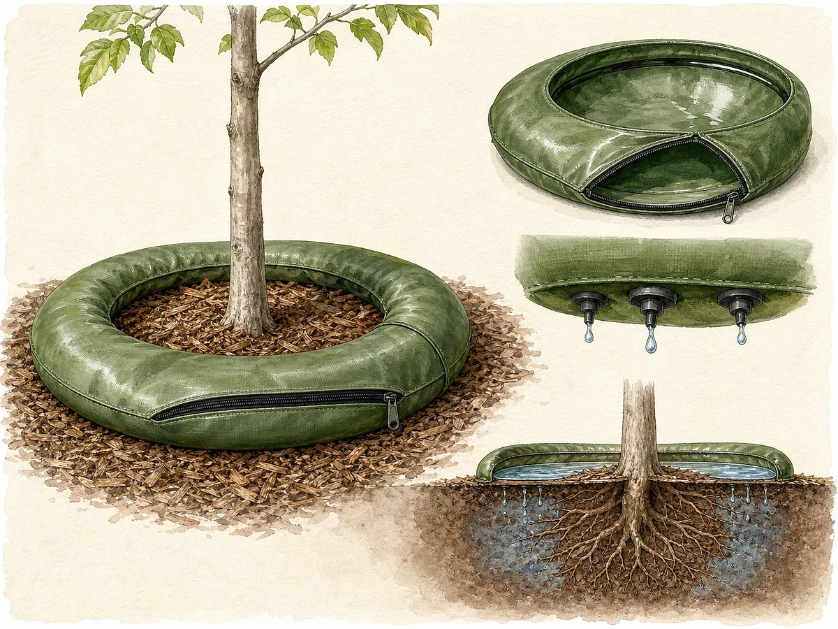 Ilustração de um saco de rega lenta aberto em anel sobre o solo ao redor de uma árvore jovem, com fecho, entrada de água e emissores inferiores