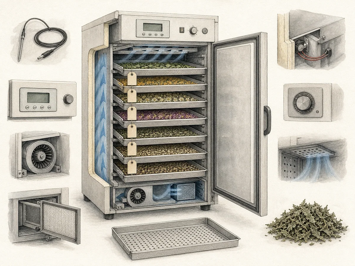 Prancha técnica de armário secador ventilado com bandejas perfuradas, controlo de temperatura, filtro, circulação de ar e amostras separadas