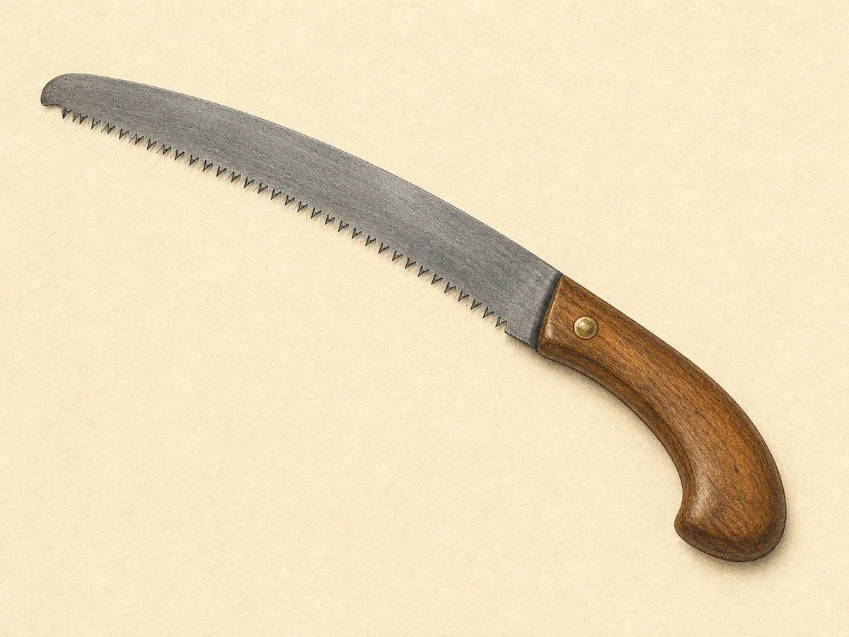 Ilustração de um serrote de poda curvo com lâmina dentada e cabo de madeira