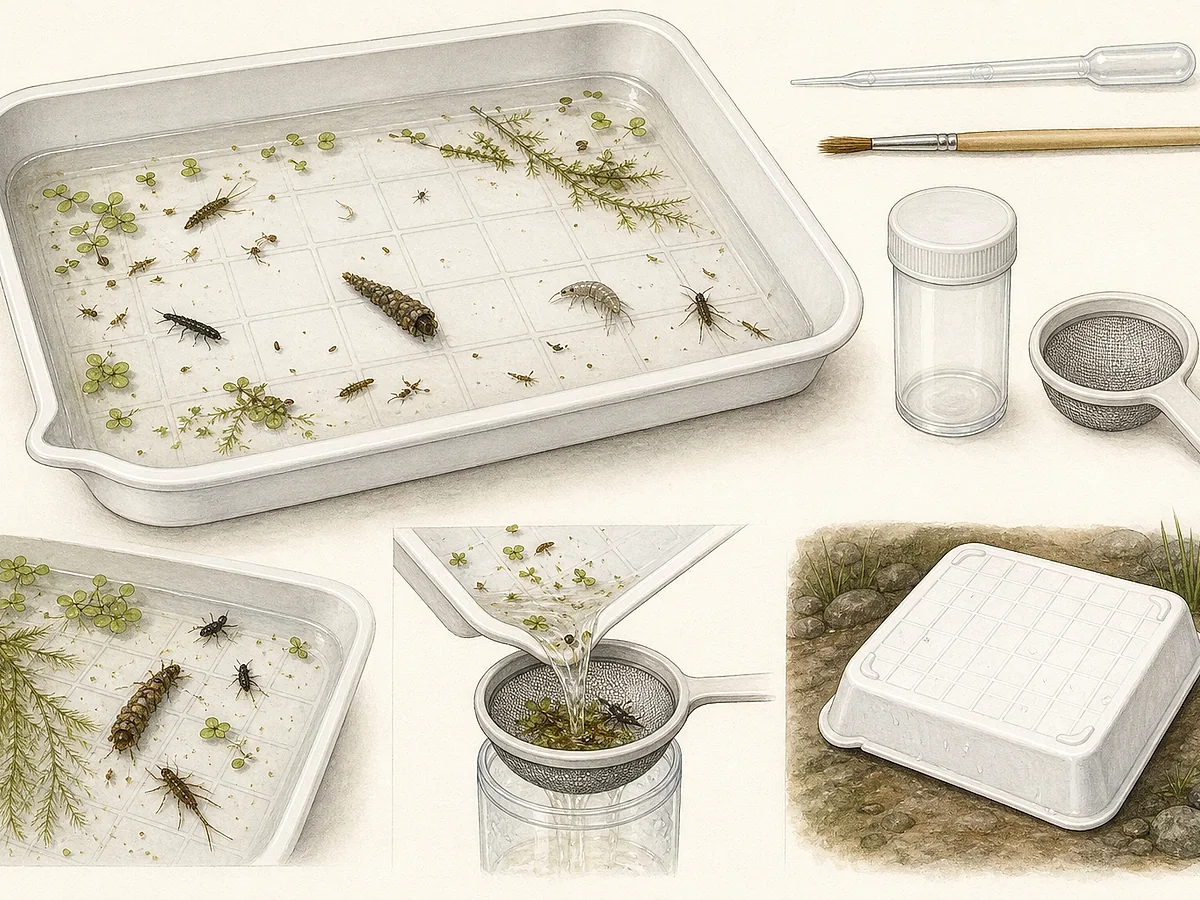Prancha de tabuleiro branco raso com cantos arredondados, pequena quantidade de água e plantas aquáticas espalhadas para observar larvas, ovos e caracóis