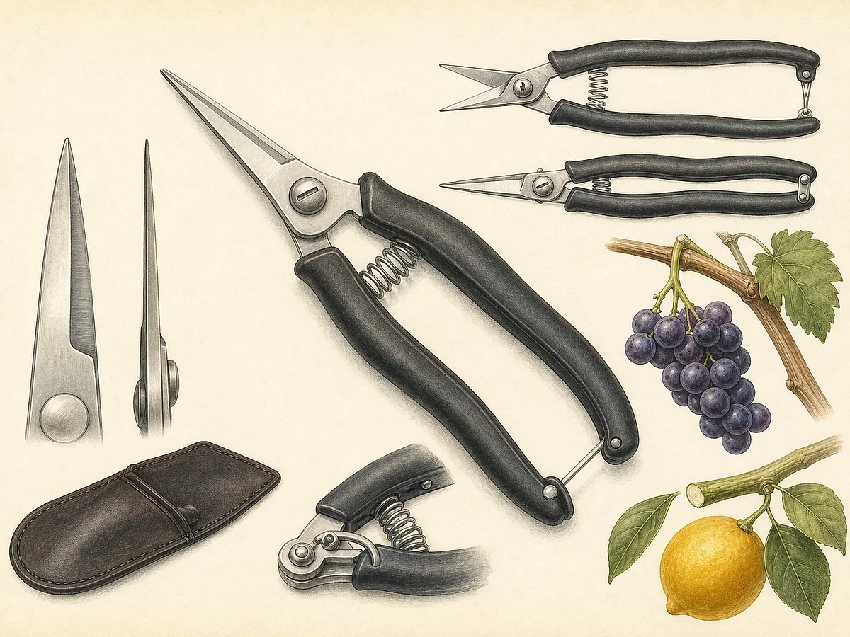 Ilustração de tesoura de colheita leve com lâminas curtas pontiagudas, mola, fecho, estojo e cesto de frutos delicados