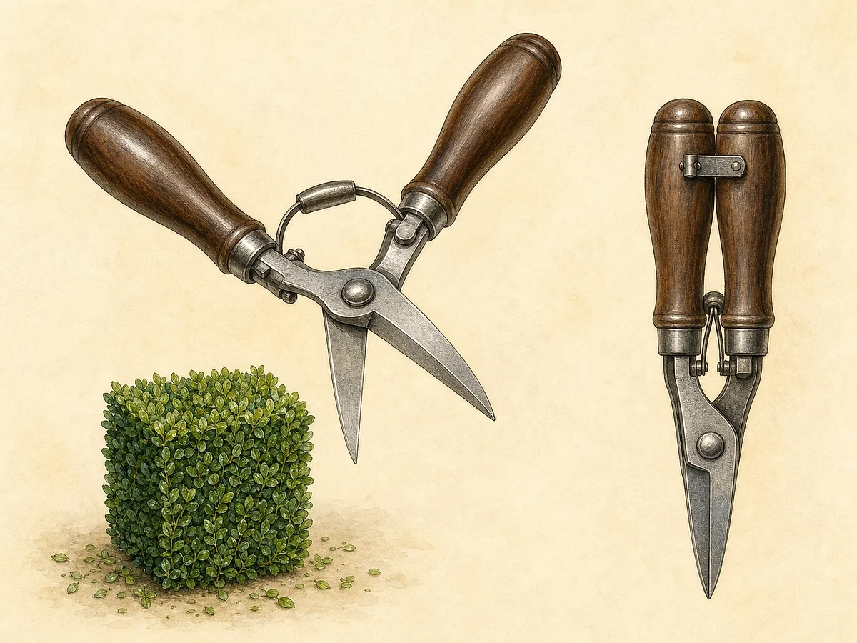 Ilustração de uma tesoura compacta de topiária com duas lâminas curtas, mola central, fecho e punhos de madeira