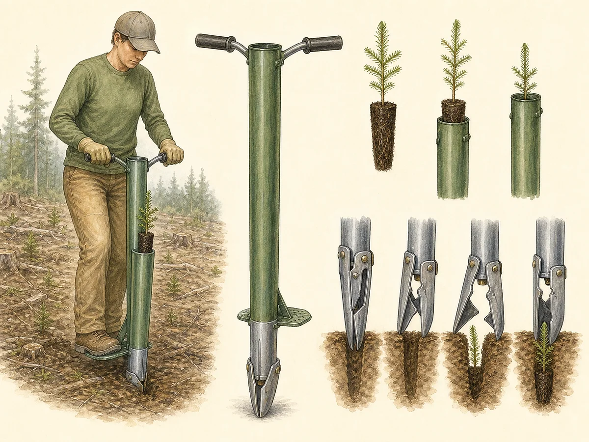 Prancha técnica de tubo plantador florestal com punhos, tubo vertical, pedal, bico articulado e operador a instalar um torrão sem se baixar