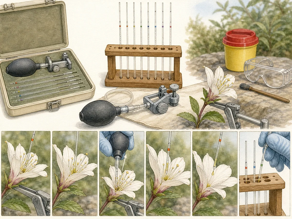 Ilustração técnica de tubos microcapilares graduados finos, pera de aspiração segura, flor apoiada e pequeno suporte de amostras sem contacto com a boca