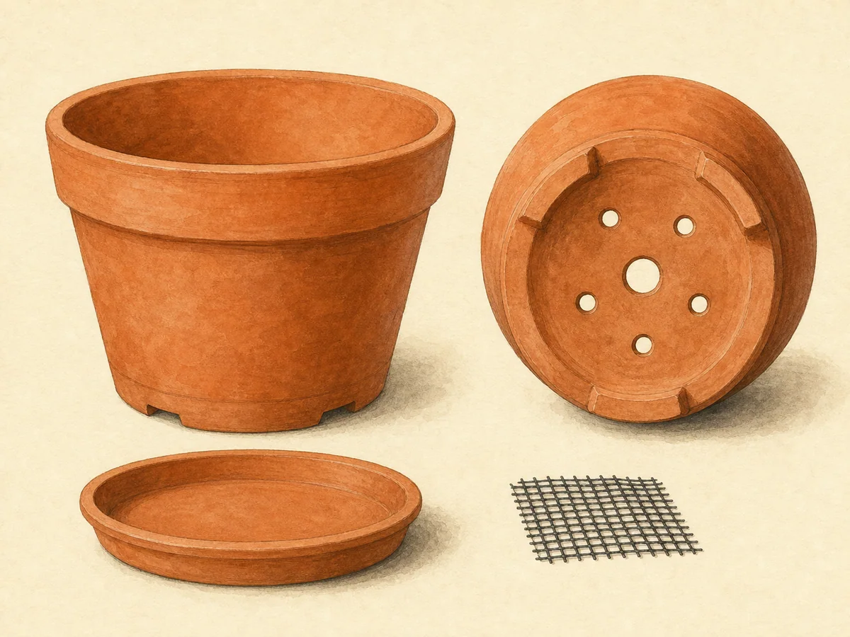 Ilustração de um vaso de terracota com vários furos de drenagem, prato separado e rede sobre os orifícios